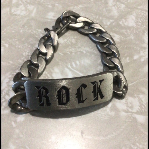 Hard rock spell out men’s silver tone chain link bracelet - Picture 1 of 7